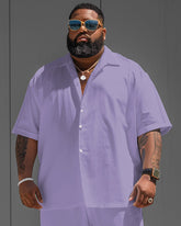 Big Men's Versatile Purple Solid Color Short Sleeve Shirt Shorts Set